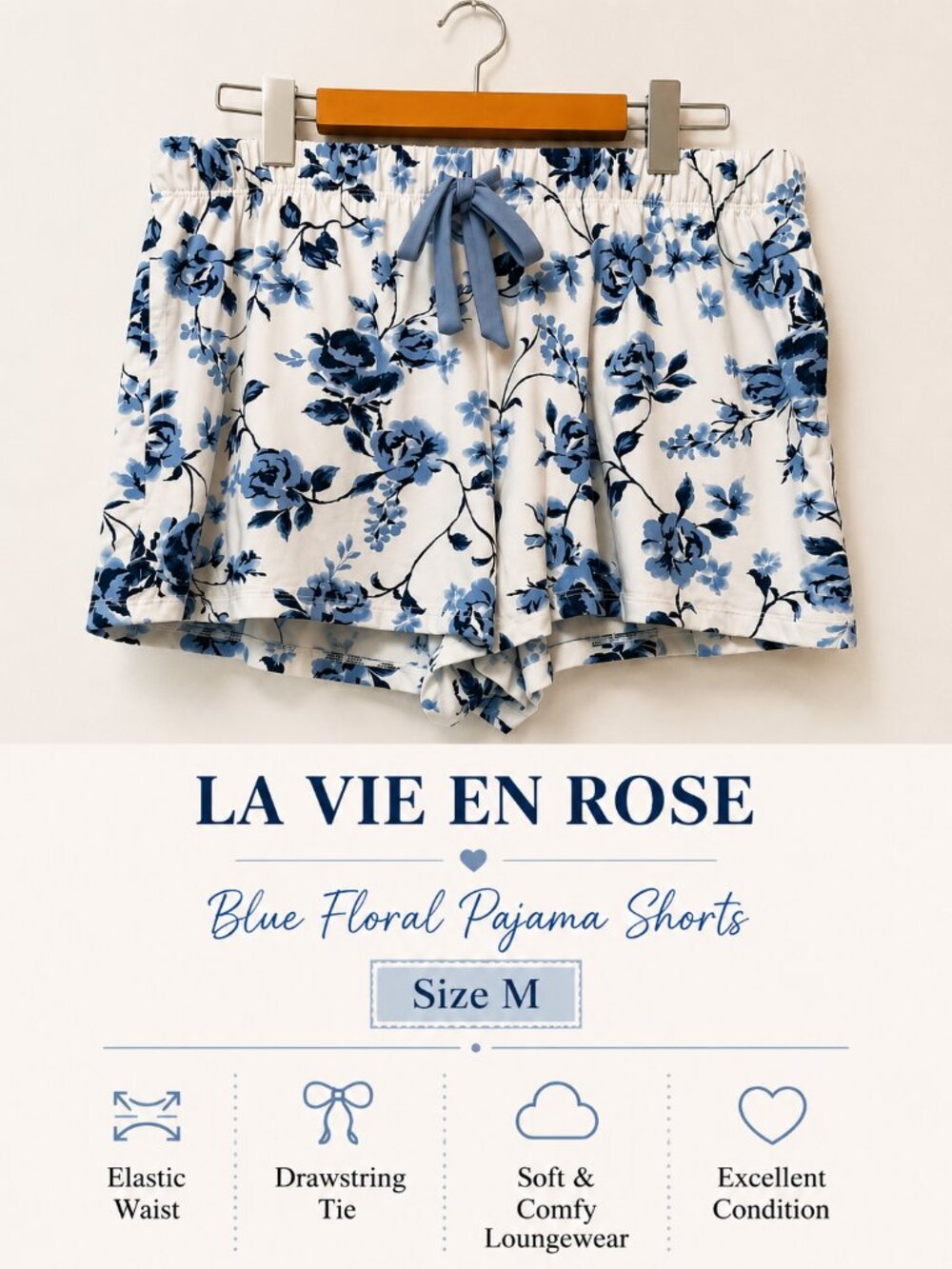 La Vie en Rose Blue Floral Pajama Shorts Elastic Waist Soft Sleepwear Sz  Medium